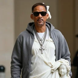 Will Smith wearing a hoodie depicting a white Marble Statue of Queen elizabeth wearing cool chains a hoodie and sunglasses