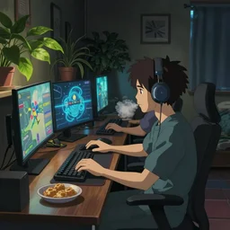 beautiful scene render of a person sitting at a desk, playing computer games, dimly lit bedroom, puffed food, green plants, perfectly shaded, atmospheric lighting, style of makoto shinkai and peter mohrbacher, studio ghibli. artgerm, karol bak, beeple, animation style, 8 k hd, ultra wide angle, hyper detailed