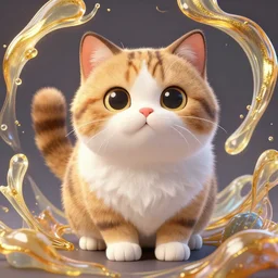 Recursive image with a well rounded Calico feline, large eyes, shiny soft fur, anatomically correct, surrounded by swirling wisps of jelly, oil pastels and gold, anime, cartoon, modeled in Poser, Redshift render, UHD