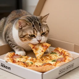 photo of a very fat cat chewing pizza inside a cardboard box. nikon d 8 5 0 5 5 mm.