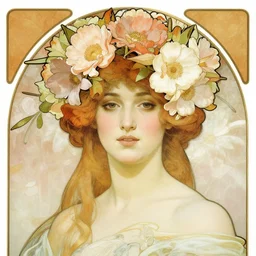 beautiful woman with a head made from a bouquet of flowers by alphonse mucha