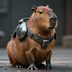 anthropomorphic capybara in a cyberpunk kevlar armor, realistic, high definition, 8 k