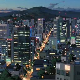 A screenshot of  a city view of seoul in the scene in the Makoto Shinkai anime film Kimi no na wa, pretty rim highlights and specular