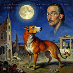 bright dramatic lighting colorful surrealist oil painting titled'mama here comes midnight with the dead moon in its jaws must be the big star about to fall ', magical realism symbolist, ruined city landscape with hybrid animal protagonist, painted by salvador dali and odilon redon and max ernst, shocking detail trending on artstation 8 k