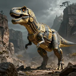 beautiful aztec inca robosaurus titan colossus full body well proportioned pacing to cliffs by eddie mendoza hyperrealism expressive eyes cyborgess symmetrical very very detailed giger beksinski grey and gold
