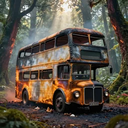 burnt shell of a double decker bus in a beautiful enchanted forest full of vibrant life, ray casting, light rays, award winning photo