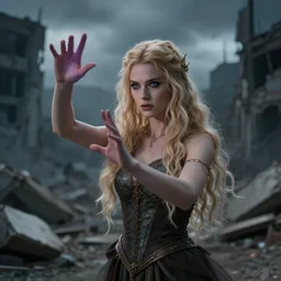 beautiful blond sorceress girl casting a spell, in a destroyed city, moody lighting, 8 k, shallow depth of field, cinematic lighting,