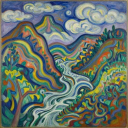 Landscape painting. Wild energy patterns rippling in all directions. Curves, zig-zags. Organic. Mountains. Clouds. Vegetation. Rushing water. Waves. LSD. Fauvism. Emil Nolde. Matisse
