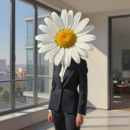 huge daisy flower as head, a woman in a suit, standing next to modern window in luxury apartment, surreal photography, sunlight, impressionist painting, digital painting, artstation, simon stalenhag