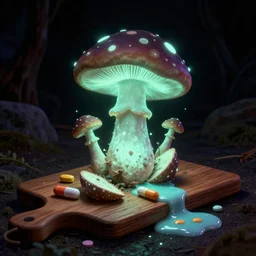 a psychodelic 70's black light poster art of a magical shroom chopped up glowing in the dark on a wooden board with pills next to it and spilled goo