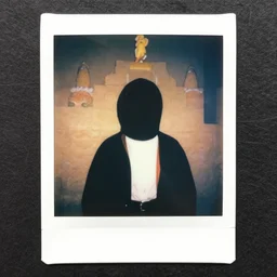 color Polaroid of candy man emotionless face in candy land ,creepy pasta