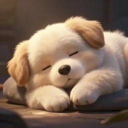 a cute dog slepping mofumofu, fluffy Full of Light, Animated Film, Cinematography, Atmosphere, Highly Detailed Heavenly Dramatic Lighting, Highly Realistic Cinematic Lighting, Volumetric Lighting, Photography, Anime Style, Cinema, Epic High Dynamic Lighting