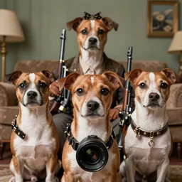 closeup portrait of little dogs with rifles retro living room of dog family, depth of field, zeiss lens, detailed, centered, fashion photoshoot, by nicoletta ceccoli, mark ryden, lostfish, breathtaking, 8 k resolution, extremely detailed, beautiful, establishing shot, artistic, hyperrealistic, octane render,