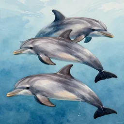 close up on the mother of a family of dolphins flying through the sky together science fiction watercolor painting, highly detailed