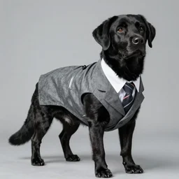promo photo of an black labrador retriever dog wearing a grey muslin three-roll-two business suit designed by Thom Browne, #menswear, 25mm f/1.8