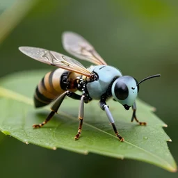 A robotic robot wasp on a leaf, cybernetic wasp designed by Boston Dynamics, 50mm macro photo, digital art