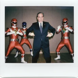 Italian President Sergio Mattarella dancing with three Power Rangers, Polaroid