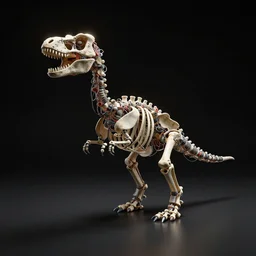 Simple funny mechanic organic dinosaur skeleton sculpture made from cables, wires and tubes by moebius, by david lachapelle, by angus mckie, by rhads, in a dark empty black studio hollow, c4d, at night, rimlight