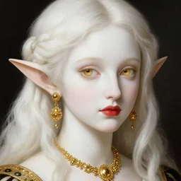 renaissance painting anime character, elf girl with soft white skin and gold eyes, flattering hair, golden jewelry on red lips, hyper detailed