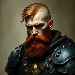 a ginger bearded fantasy young dwarf warrior, black and bronze plate armor, ( ( ( trimmed beard and half shaved head ) ) ), minimalist portrait by alex horsey and dave dorman