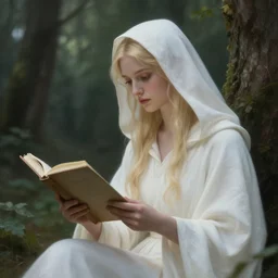 half - length portrait of the goddess of memory studying in a forest, white hood, white robes, blonde, fantasy, magical, realistic and detailed, spiritual, supernatural, intricate, elegant, highly detailed, digital painting, trending on artstation, by wlop, 4 k octane render