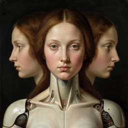 portrait of female android, symmetry, intricate, elegant, highly detailed, smooth, sharp focus, concept art, digital painting, illustration, artstation, by fra angelico and sandro botticelli