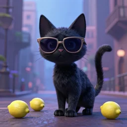 a gothic black Cat living in the city with cool sunglasses from the latest disney pixar film, stopmotion animation, detailed, cgi, greg, ross tran, rendered in unreal engine, lemons on the ground, sunglasses