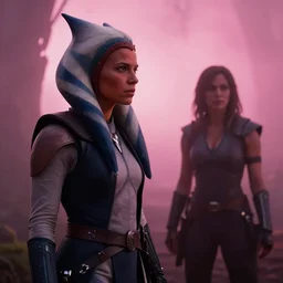 cinematic still image screenshot portrai ahsoka tano is listening / mara jade stands by / pink foggy dramatic scene from force awakens crisp 4 k imax, kodak film stock, moody iconic scene, directed by jj abrams, beautiful glowing backlit pink foggy forest octane