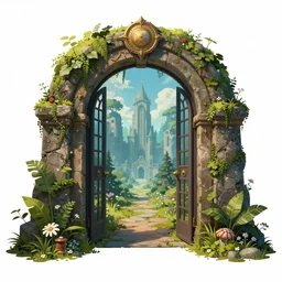 magic portal gate, transparent background with a picture of the afterworld, ultra wide shot, lush colors, in the style of greg rutkowski and hans zatzka, digital art, sharp focus, highly realistic, exquisite ornate metal gothic icon heavy patina, delicate, enchanting, otherworldly, ethereal, mythology, mystical