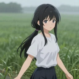 upper - body illustration of highly detailed beautiful anime girl by davinci walking through rainy fields, depth of field, pretty and stunning face and eyes, 8 k, pixiv, danbooru, gelbooru