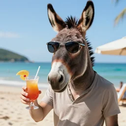 a human with a donkey head is wearing cool sunglasses and holding a coctail at the beach, 8k, hyper-detailed, photorealistic