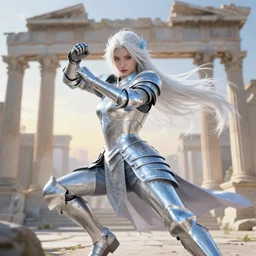 white hair knights of zodiac girl, sliver ice color reflected armor, kung fu fighting in ruined agora of athens sunrise, ssci - fi and fantasy, intricate and very very beautiful and elegant, highly detailed, digital painting, artstation, concept art, smooth and sharp focus, illustration, art by tian zi and wlop and alphonse mucha