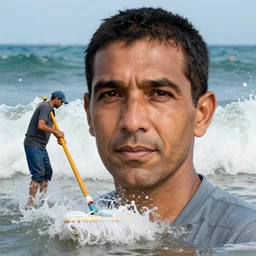closeup portrait of a cleaner with a mop fighting waves in the sea, by Steve McCurry and David Lazar, natural light, detailed face, CANON Eos C300, ƒ1.8, 35mm, 8K, medium-format print