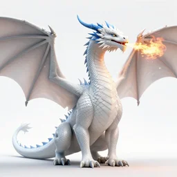 still photo of a large, white! dragon with blue accents, long neck, body is covered in scales, enormous wings, a long tail, regal, regal appearance, breathing fire, highly detailed, photorealistic full portrait, bright studio setting, dramatic lighting, crisp quality and light reflections, unreal engine 5 quality render