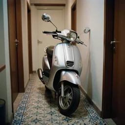 a photo of a shiny motorbike standing tight in an apartment coridor with portugese tile on the floor, surreal, david lynch style, shot on film, 3 5 mm, cinematic