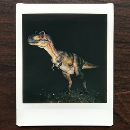 an aged polaroid photo of a velociraptor, gloomy, grainy