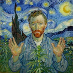 jimm kerry spreads his hands against the background of growing cannabis. an oil painting in the style of van gogh
