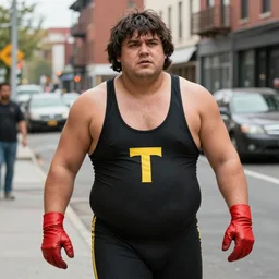 An obese man with a bowl haircut, wearing red gloves and a black wrestling suit with the letter T in yellow on the chest, in a Brooklyn street, medium shot