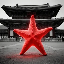 light coming out of a bull - like kaiju starfish monster, korean film noir, korean traditional palace, pyongyang, red color bleed, 4 k, video compression, video glitch, monochrome, akira kurosawa