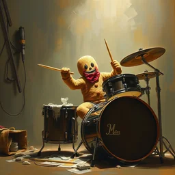 gingerbread man plays the drums, concept painting by greg rutkowski, artgerm, norman rockwell
