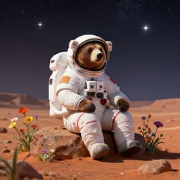 a bear in a astronaut suit sitting on a rock on Mars surrounded by flowers, with the sky full of stars, digital art, trending on artstation, HDR