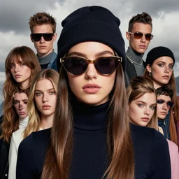 glamor portrait, young female model, electric sunglasses, beanie, turtleneck, cloudy background, intricate detailed hyperrealistic by andreas, franke, charlie bowater, mandy jurgens, alex ross, donato giancola, z. w. gu, jamie hewlett, bold colors, artstation