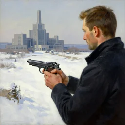 a beautiful painting in the style of sergey kolesov of a snowy landscape overlooked by james bond holding a silenced walther ppk, overseeing a large brutalist facility in the distance, award winning art