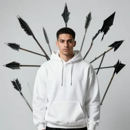 guy wearing a white hoodie in front of an horror vaqui of arrows pointing in different directions