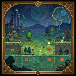 a cartoon night landscape game background in art deco surrealism expressionism, artstation, breath of the wild style