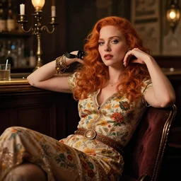 sophisticated Christina Hendricks as a 1960s flower hippie relaxing in a smokey Paris tavern, elegant, highly detailed, shallow depth of field, concept art, Artstation, Artgerm, Donato Giancola, Joseph Christian Leyendecker