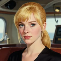 close portrait. ship interior bg. screenshot of a scene in metroid zero of christina hendricks painted by norman rockwell. character designed by hideaki anno. sideswept bangs, blonde hair, ponytail. digital. lighting by james gurney. trending on artstation. masterpiece. artgerm alphonso mucha greg rutkowski.