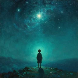 a small figure staring at the stars, warn lighting, glowing, arkhip kuindzhi painting, teal palette, eschaton