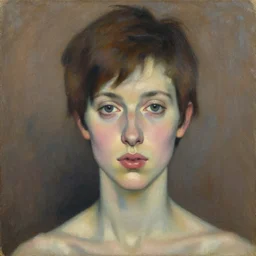 expressive medium shot portrait of a young woman with tomboy short brown hair, luscious lips, brown and blue palette, oil painting, muted colors, artwork by lucian freud, arnold bocklin