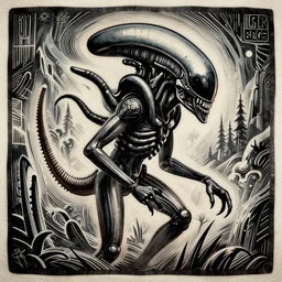 alien xenomorph in the style of HR Giger, woodcut, movie scene